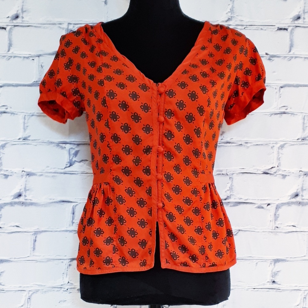 Marc Jacobs Red Silk Short Sleeve Button Front Top